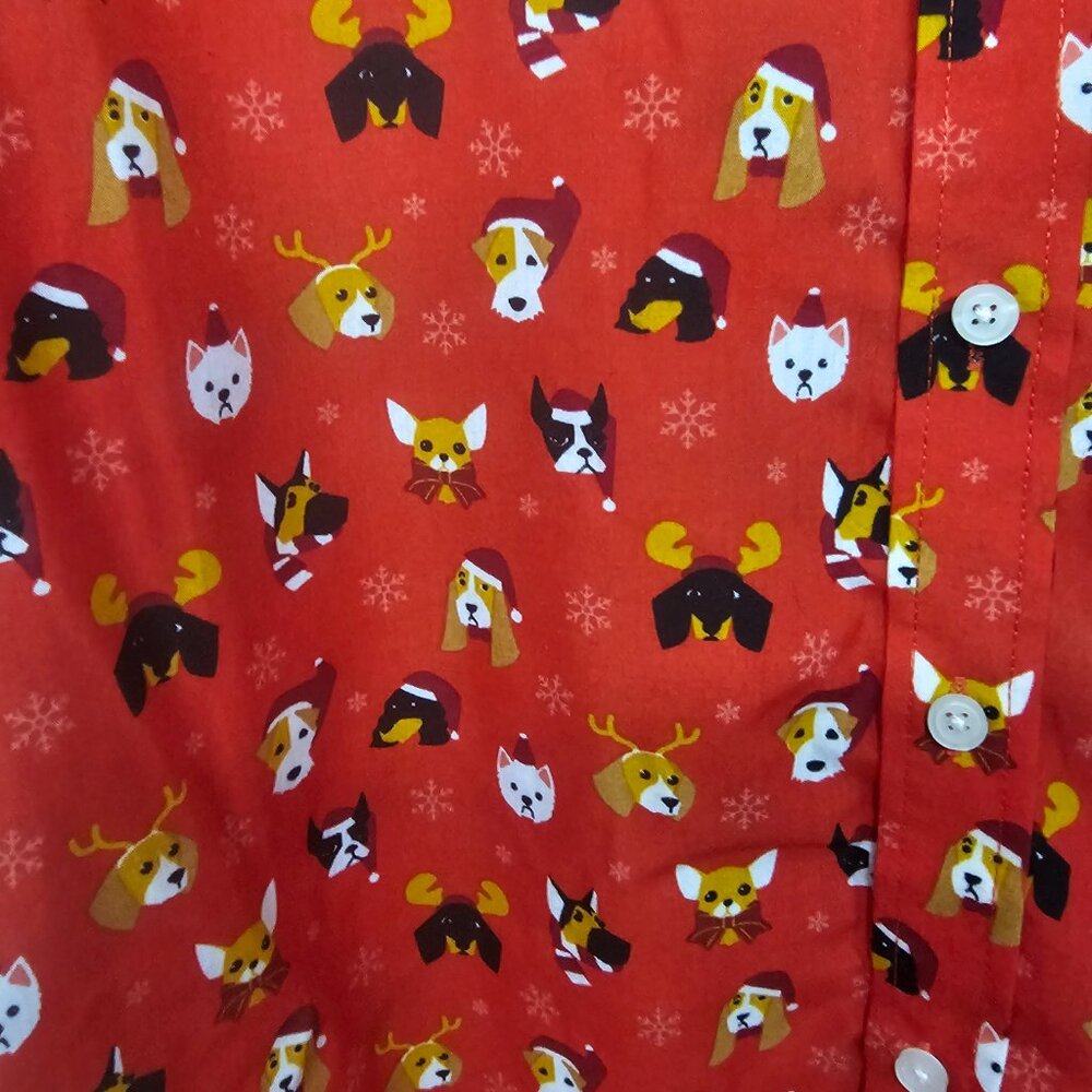 Simon Banks Blouse Red Christmas Dogs Button Down Casual Holiday Unisex M - Picture 5 of 8